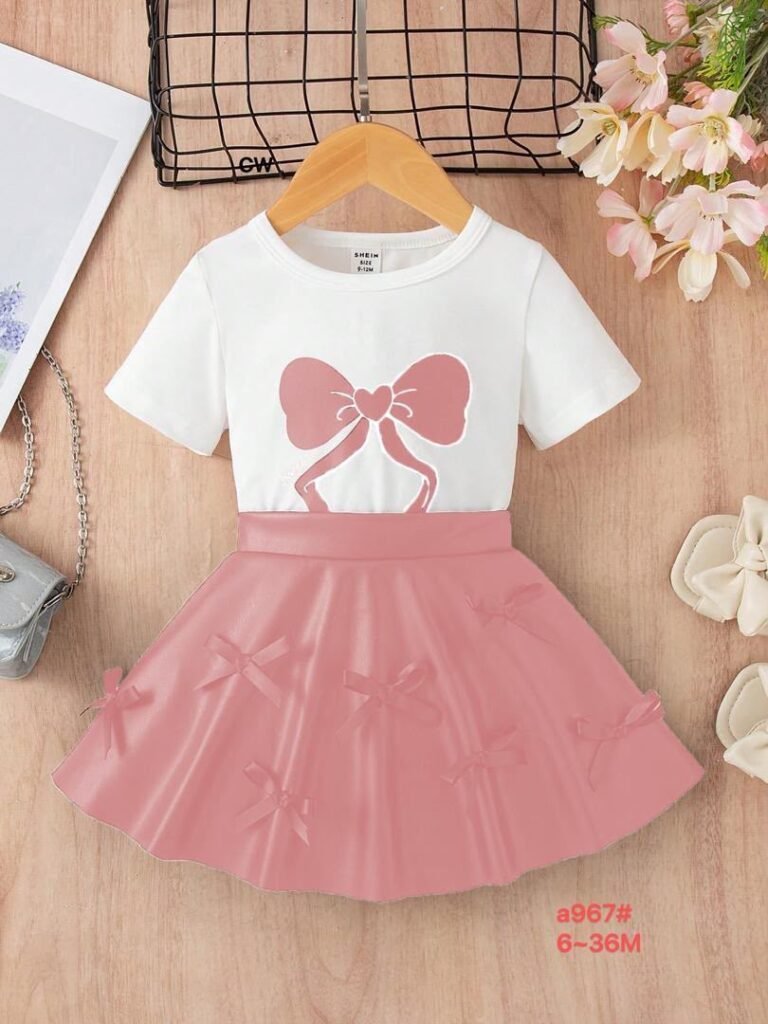 Baby Girl White Bow Graphic Tee and Dusty Pink Bow Skirt Set