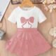 Baby Girl White Bow Graphic Tee and Dusty Pink Bow Skirt Set