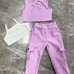 Girls' Lilac Wrap Vest, White Camisole and Cargo Trousers Three-Piece Set