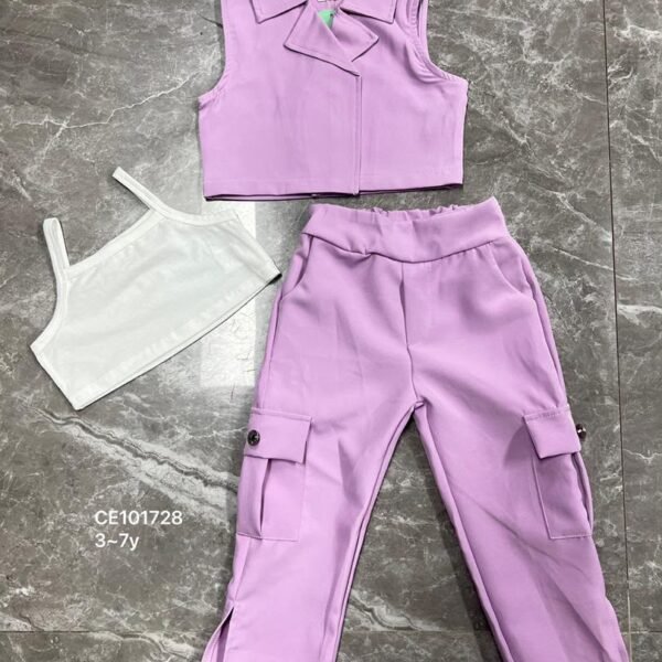 Girls' Lilac Wrap Vest, White Camisole and Cargo Trousers Three-Piece Set