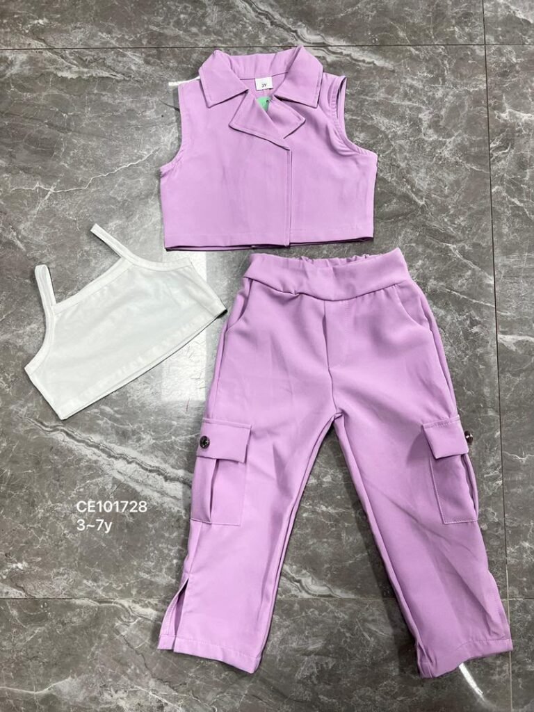 Girls' Lilac Wrap Vest, White Camisole and Cargo Trousers Three-Piece Set