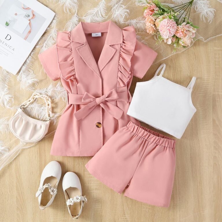 naming ceremony outfit Ghana Girls' Salmon Pink Ruffle Blazer, White Camisole and Shorts Three-Piece Set Pelsunisexkloset Tema