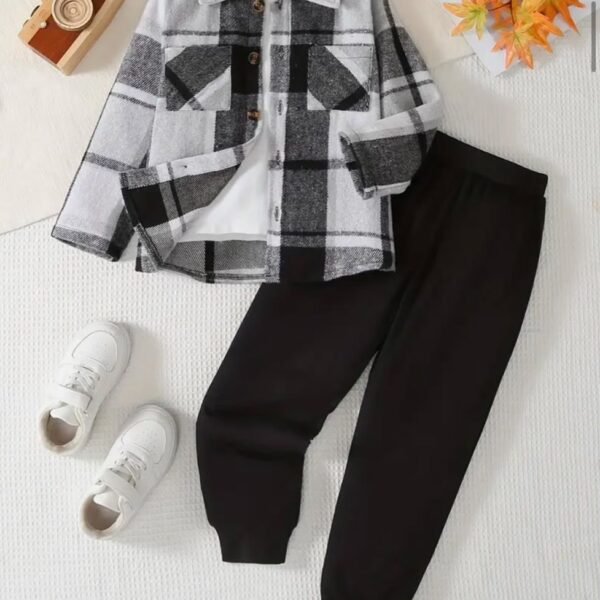 boys clothes Ghana Boys' Black White Grey Plaid Flannel Shirt, White Tee and Black Joggers Set Pelsunisexkloset Tema