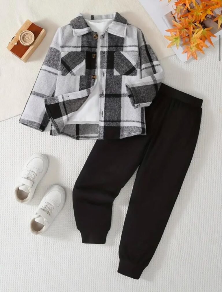 boys clothes Ghana Boys' Black White Grey Plaid Flannel Shirt, White Tee and Black Joggers Set Pelsunisexkloset Tema