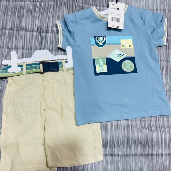 Boys' Sky Blue Race Club Graphic Tee and Beige Belted Shorts Set