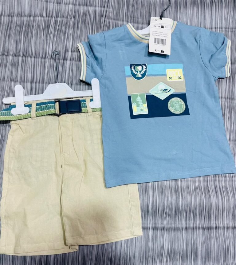 Boys' Sky Blue Race Club Graphic Tee and Beige Belted Shorts Set
