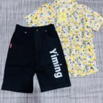 Boys' Yellow Floral Short-Sleeve Shirt and Black Lettering Shorts Set
