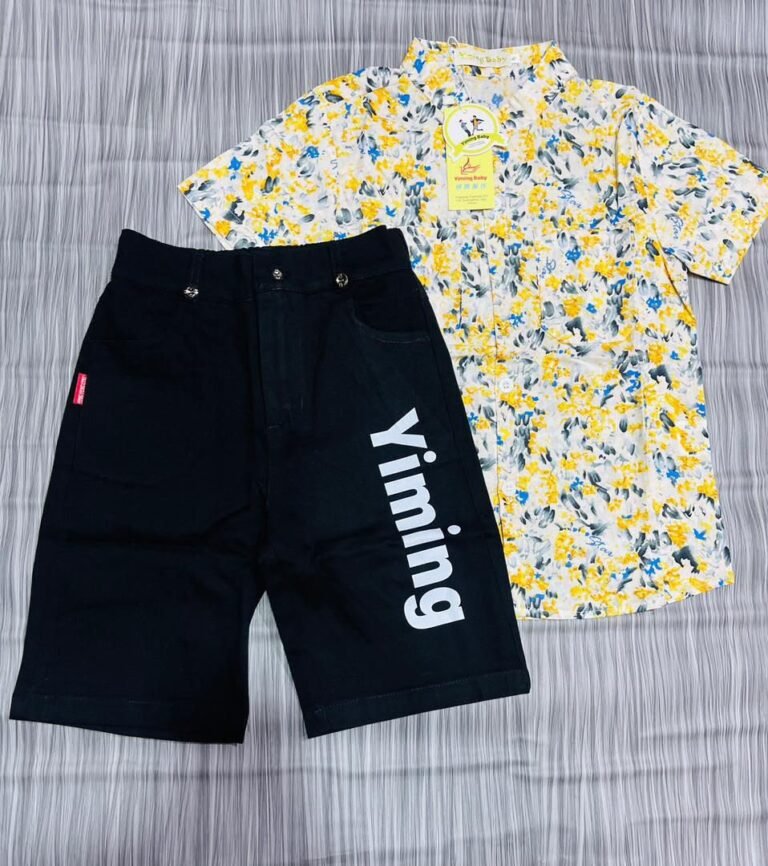 Boys' Yellow Floral Short-Sleeve Shirt and Black Lettering Shorts Set