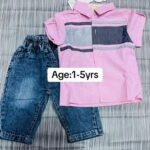 sibling matching outfits Ghana Boys' Pink Colour-Block Shirt and Acid-Wash Jeans Two-Piece Set Pelsunisexkloset Tema