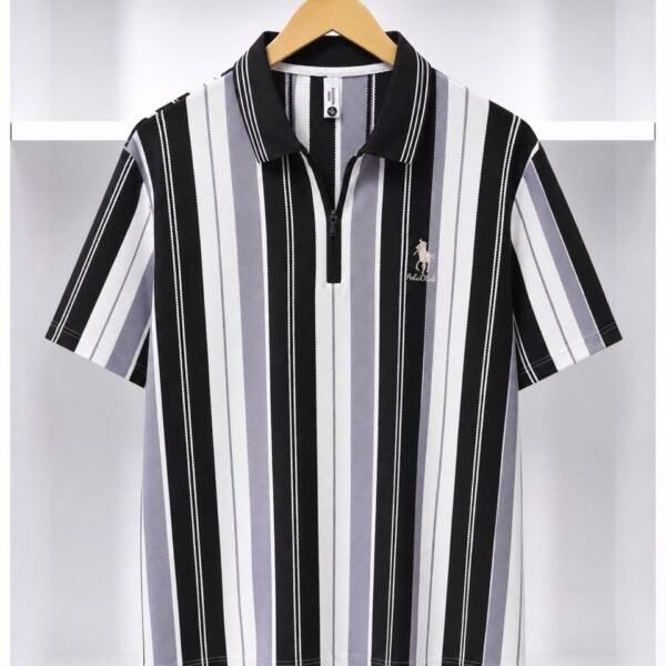 Men's Polo Club Black White and Grey Vertical Stripe Zip Polo