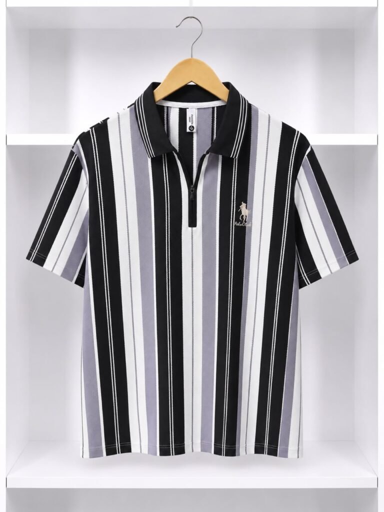 Men's Polo Club Black White and Grey Vertical Stripe Zip Polo