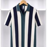 Men's Forest Green Navy and Cream Vertical Stripe Johnny-Collar Polo