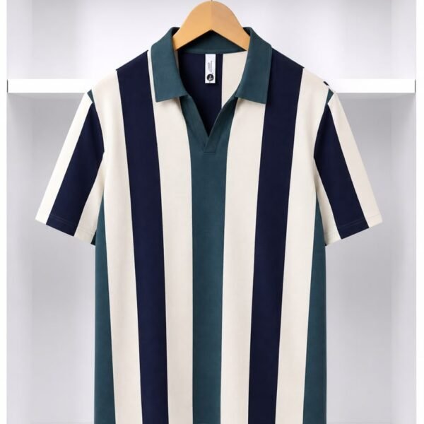 Men's Forest Green Navy and Cream Vertical Stripe Johnny-Collar Polo
