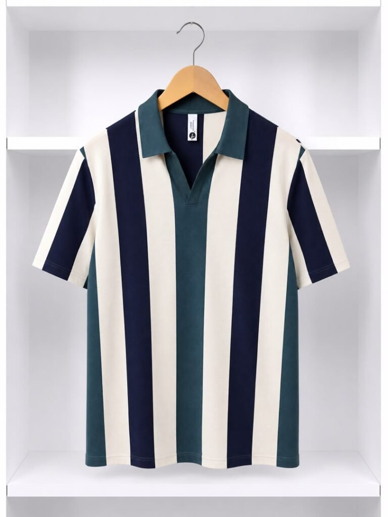 Men's Forest Green Navy and Cream Vertical Stripe Johnny-Collar Polo