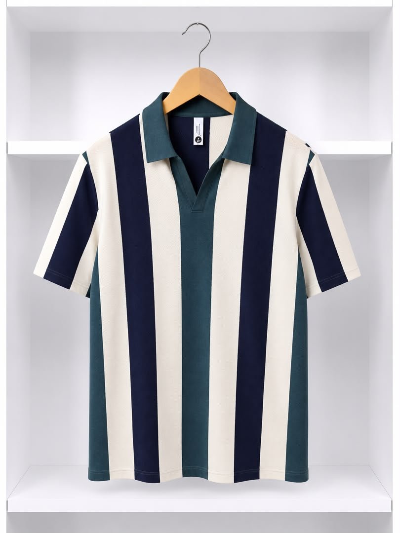 Men's Forest Green Navy and Cream Vertical Stripe Johnny-Collar Polo Men's Forest Green Navy and Cream Vertical Stripe Johnny-Collar Polo