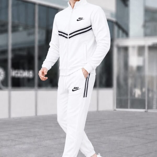 Men's White Tracksuit with Black Chevron Chest Stripes