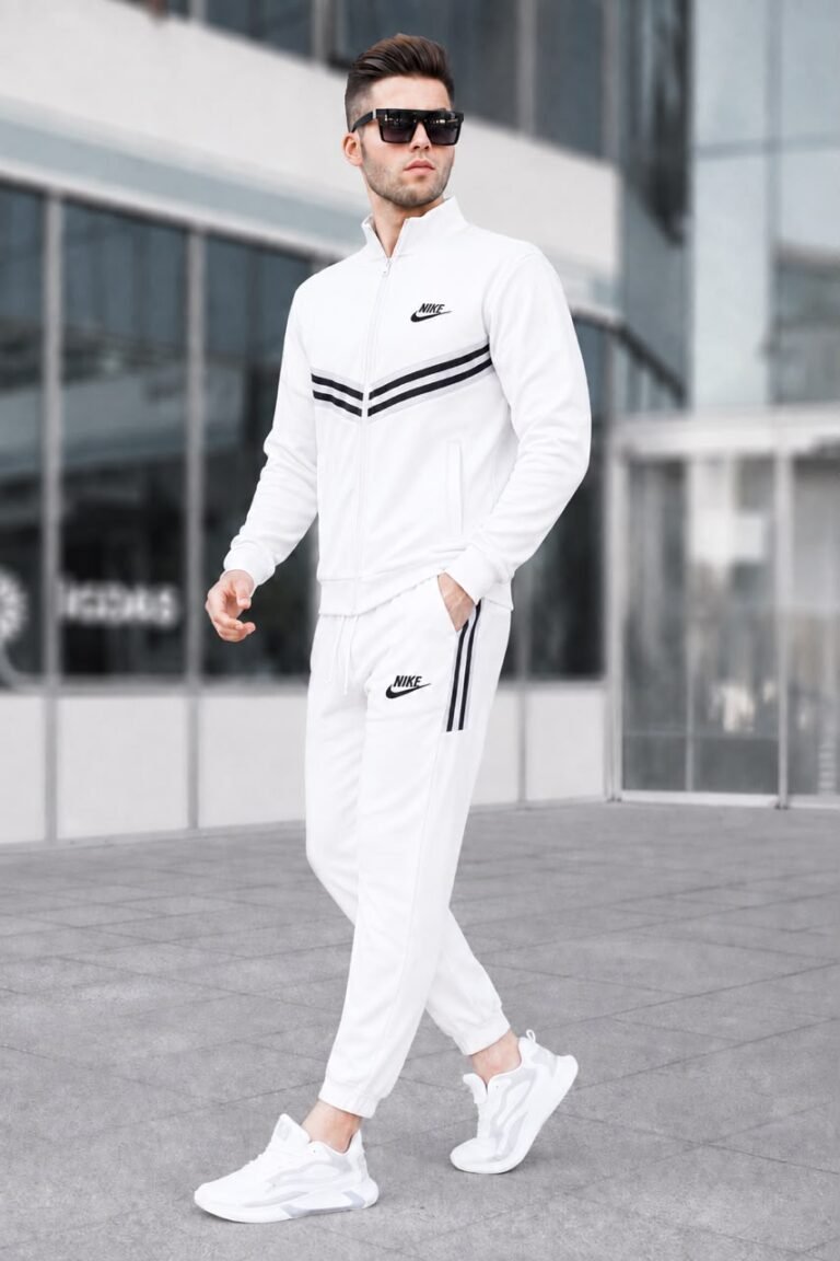 Men's White Tracksuit with Black Chevron Chest Stripes