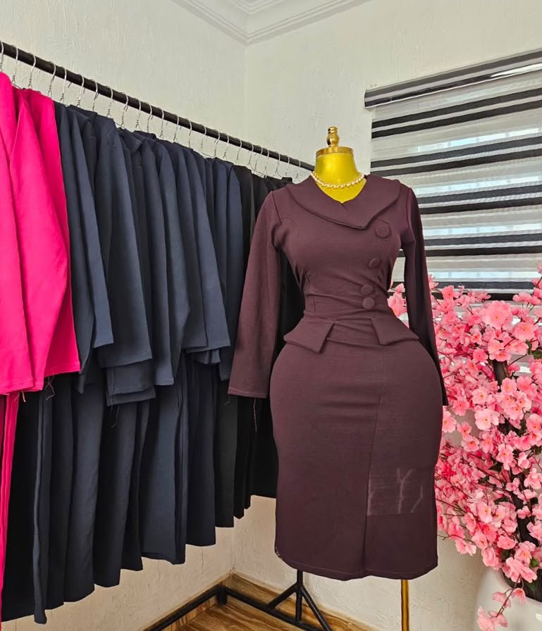 Women's Aubergine Corporate Dress with Lapel Collar and Peplum — Pels Unisex Kloset