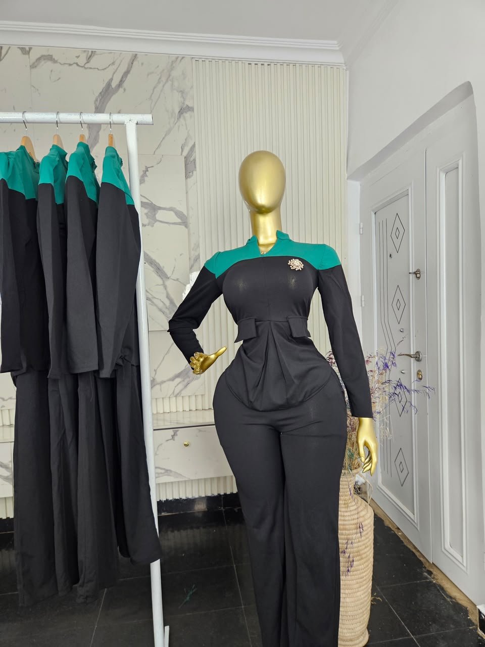 puk b4 womens black and teal yoke top and trouser set Women's Black and Teal Yoke Top and Trouser Set — Pels Unisex Kloset