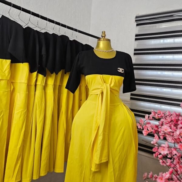 Women's Black and Yellow Colourblock Dress with Bow Sash — Pels Unisex Kloset