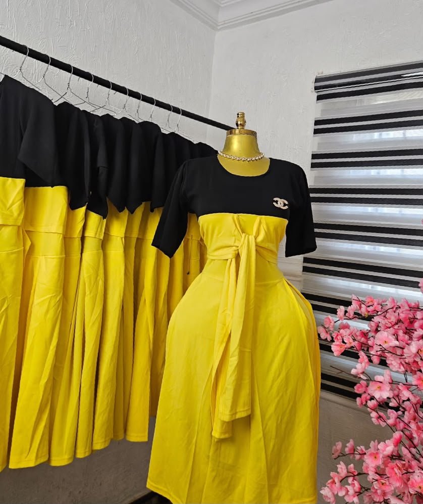 puk b4 womens black and yellow colourblock dress with bow sash Women's Black and Yellow Colourblock Dress with Bow Sash — Pels Unisex Kloset