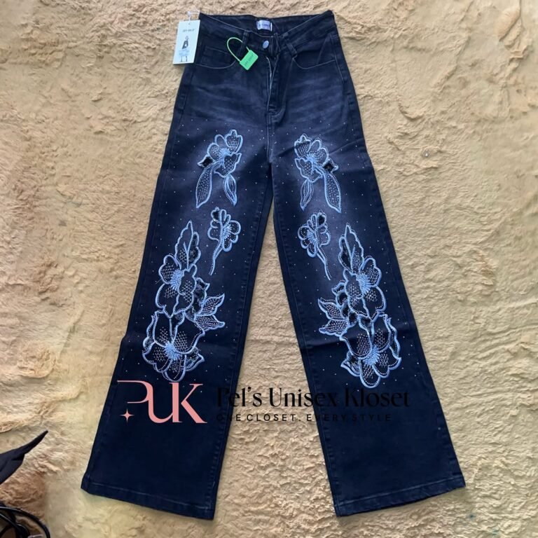 Women's Black Baggy Jeans with Blue Floral Rhinestone Embroidery — Pels Unisex Kloset