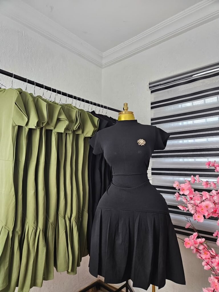 Women's Black Cap Sleeve Dress with Pleated Flare Skirt — Pels Unisex Kloset
