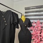 Women's Black Corporate Dress with Gold Buttons and Peplum — Pels Unisex Kloset