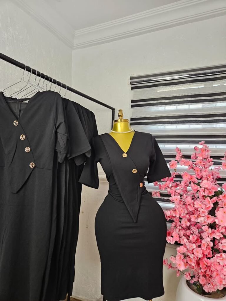 Women's Black Corporate Dress with Gold Buttons and Peplum — Pels Unisex Kloset