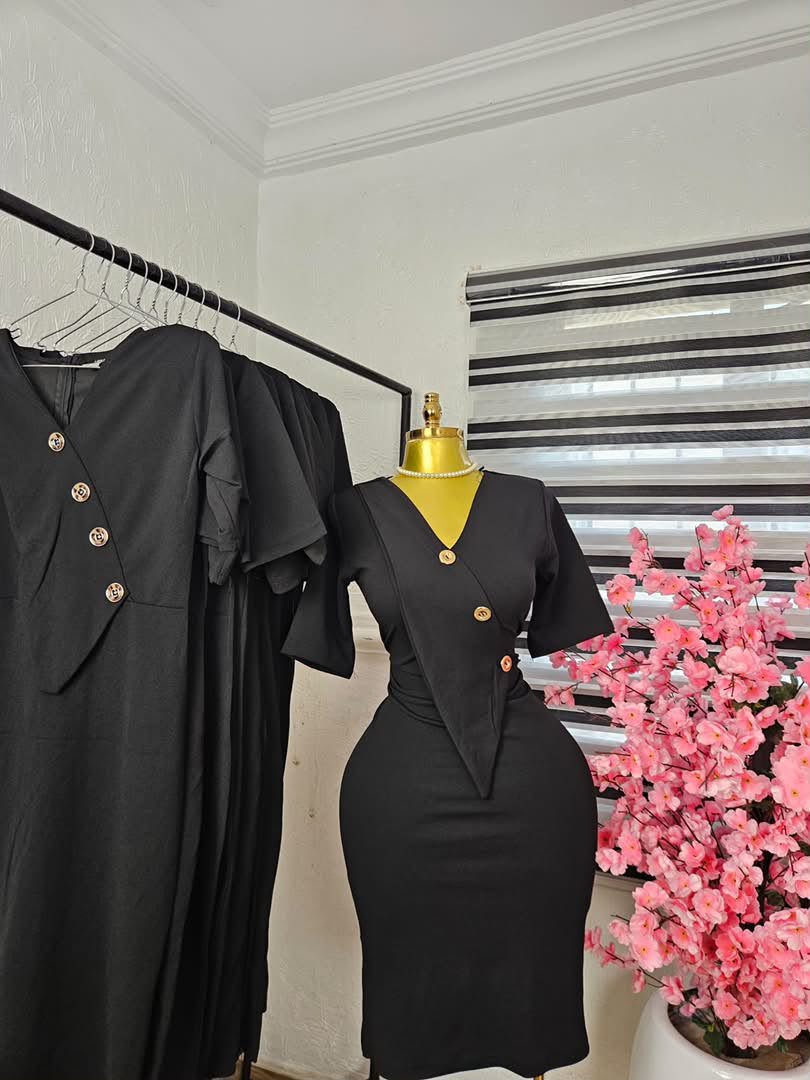 puk b4 womens black corporate dress with gold buttons and peplum Women's Black Corporate Dress with Gold Buttons and Peplum — Pels Unisex Kloset