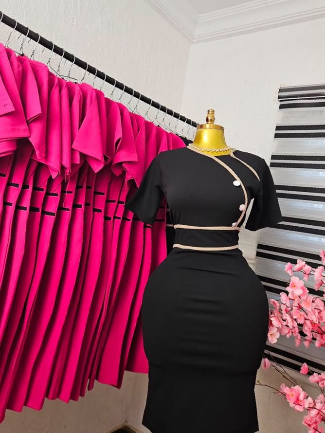 Women's Black Corporate Dress with Gold Rope Trim — Pels Unisex Kloset