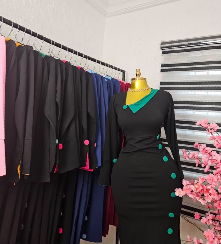 Women's Black Corporate Dress with Green Collar and Buttons — Pels Unisex Kloset