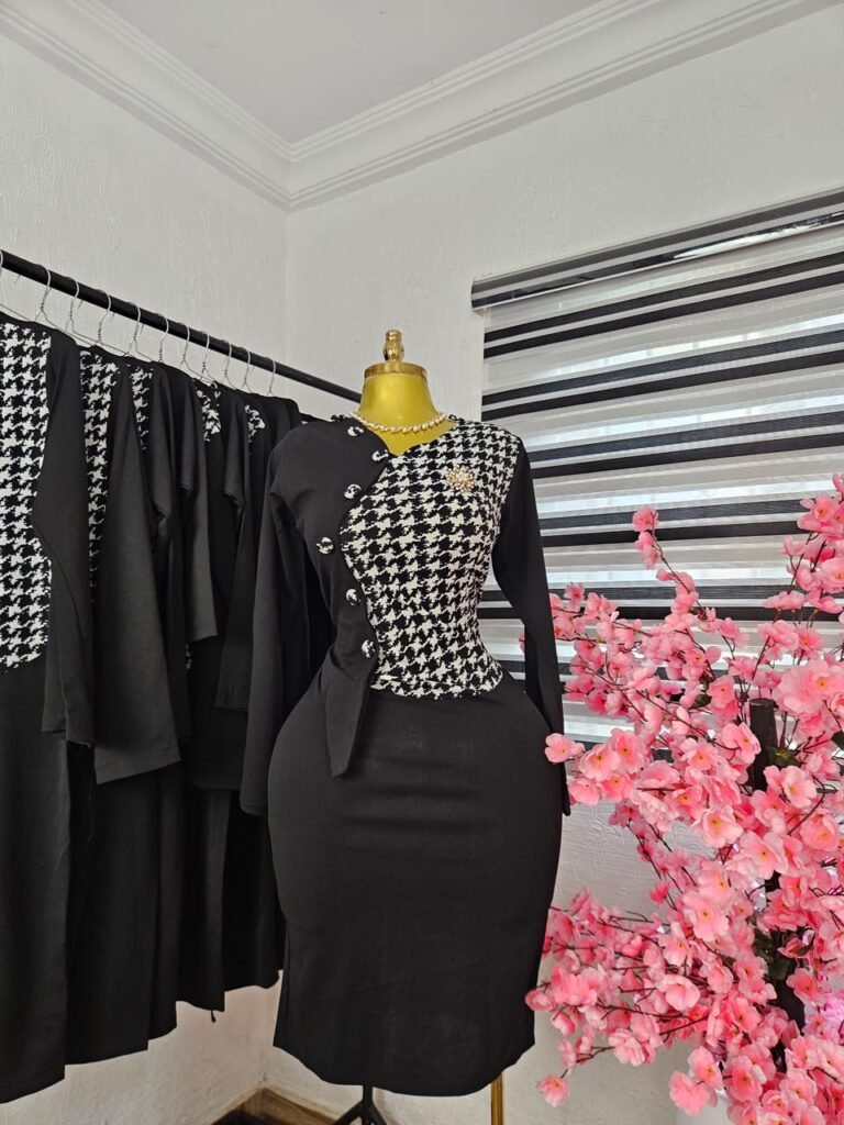 Women's Black Corporate Dress with Houndstooth Bodice — Pels Unisex Kloset