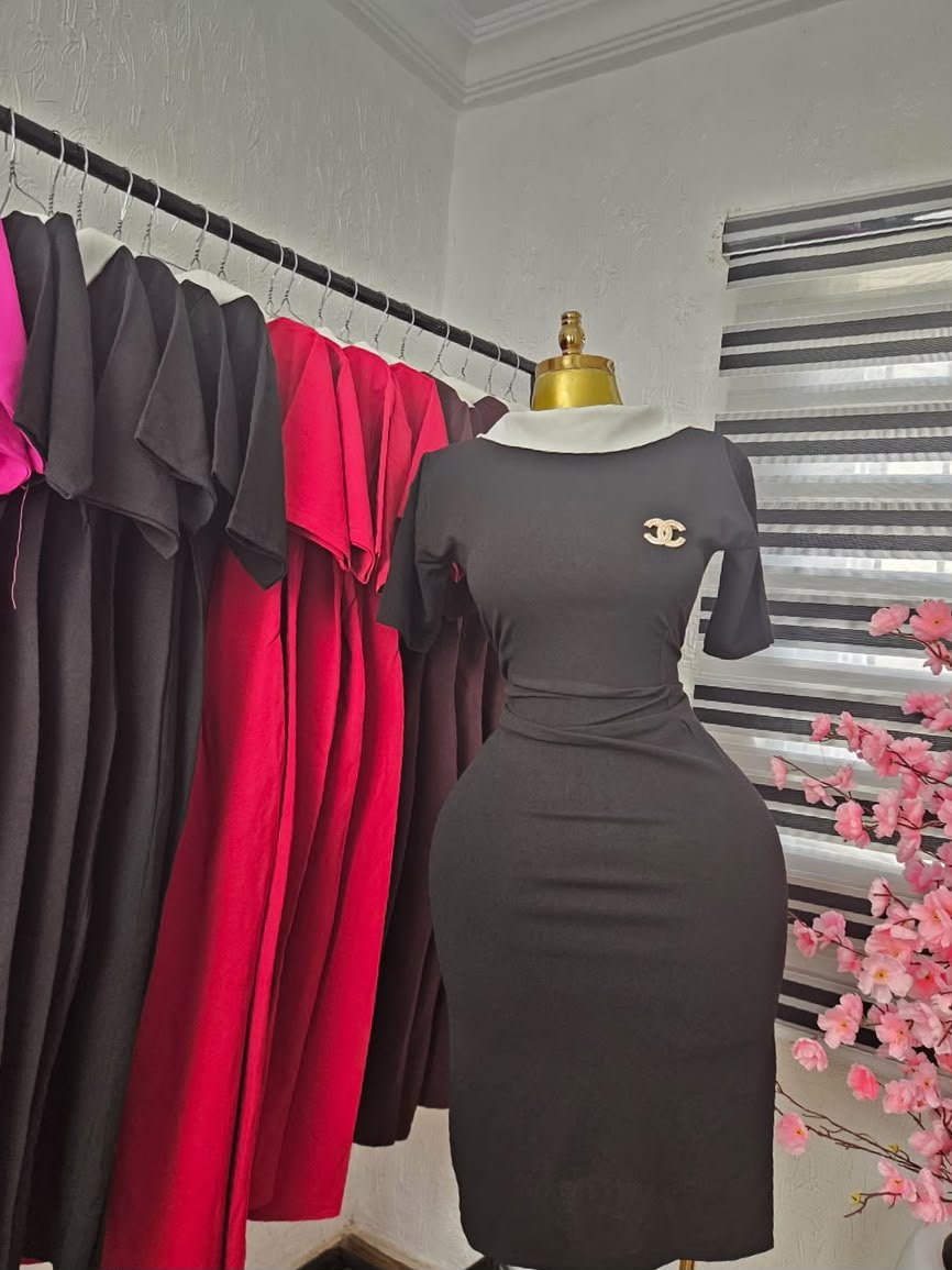 puk b4 womens black corporate dress with white collar Women's Black Corporate Dress with White Collar — Pels Unisex Kloset