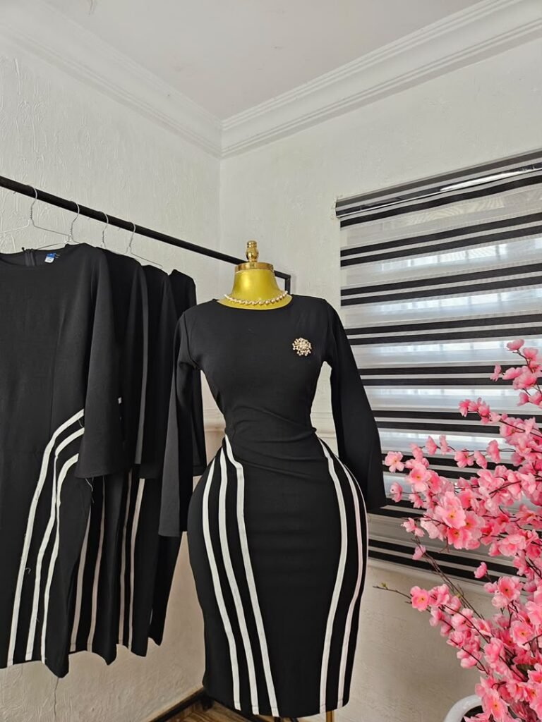 Women's Black Corporate Dress with White Stripe Panels — Pels Unisex Kloset
