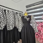 Women's Black Flare Dress with Polka Dot Organza Sleeves — Pels Unisex Kloset