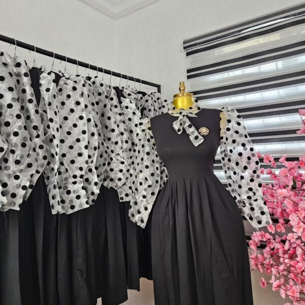 Women's Black Flare Dress with Polka Dot Organza Sleeves — Pels Unisex Kloset