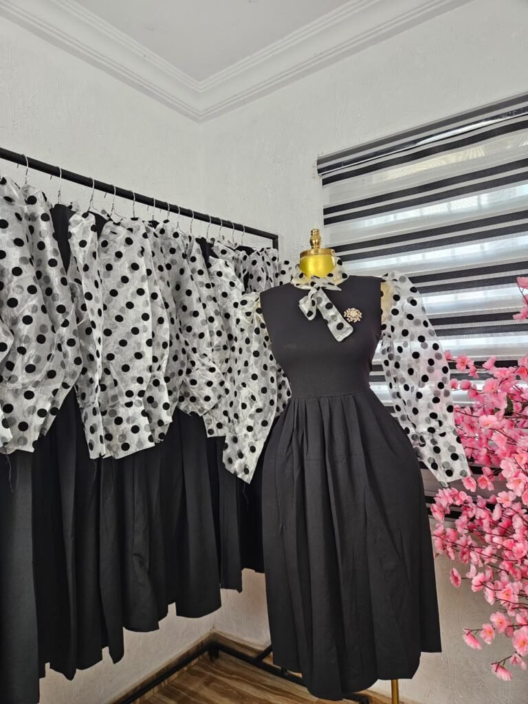 Women's Black Flare Dress with Polka Dot Organza Sleeves — Pels Unisex Kloset
