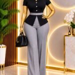 Women's Black Peplum Top and Grey Wide Leg Trouser Set — Pels Unisex Kloset