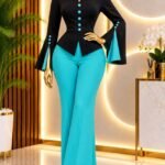 Women's Black Top and Turquoise Flared Trouser Set — Pels Unisex Kloset
