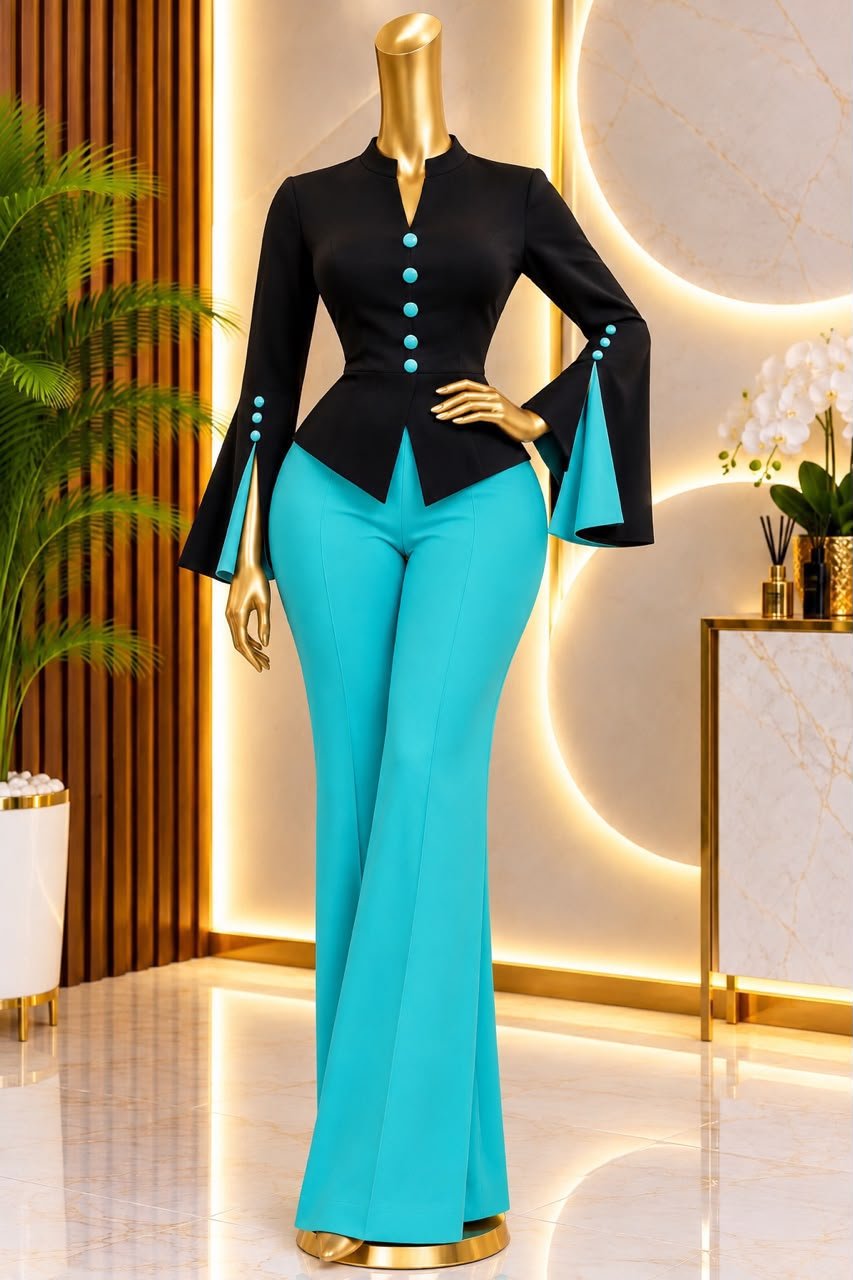 puk b4 womens black top and turquoise flared trouser set Women's Black Top and Turquoise Flared Trouser Set — Pels Unisex Kloset