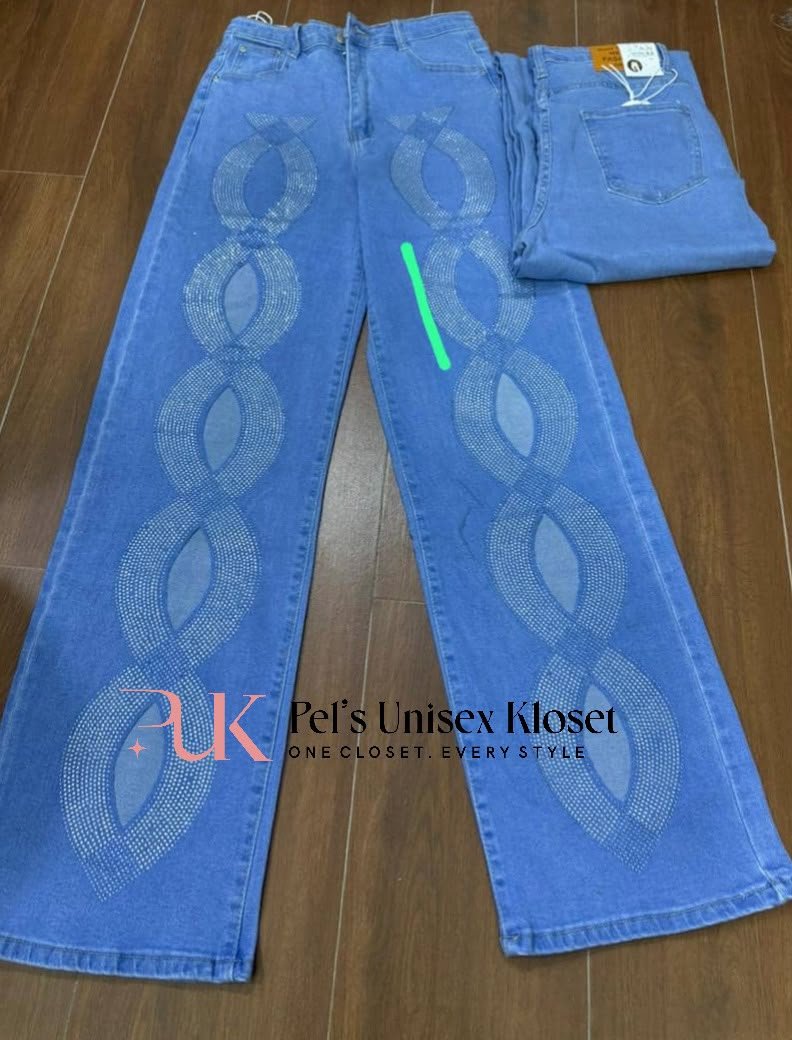 puk b4 womens blue baggy jeans with rhinestone chain panels Women's Blue Baggy Jeans with Rhinestone Chain Panels — Pels Unisex Kloset