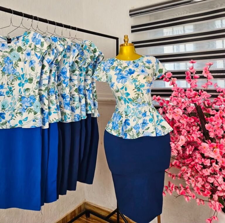 Women's Blue Floral Peplum Top and Pencil Skirt Two Piece Set in Navy — Pels Unisex Kloset