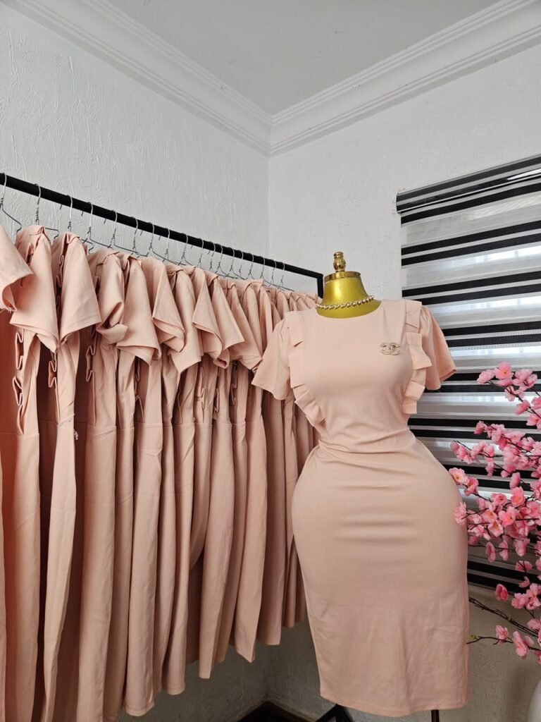 Women's Blush Pink Corporate Dress with Ruffle Shoulders — Pels Unisex Kloset