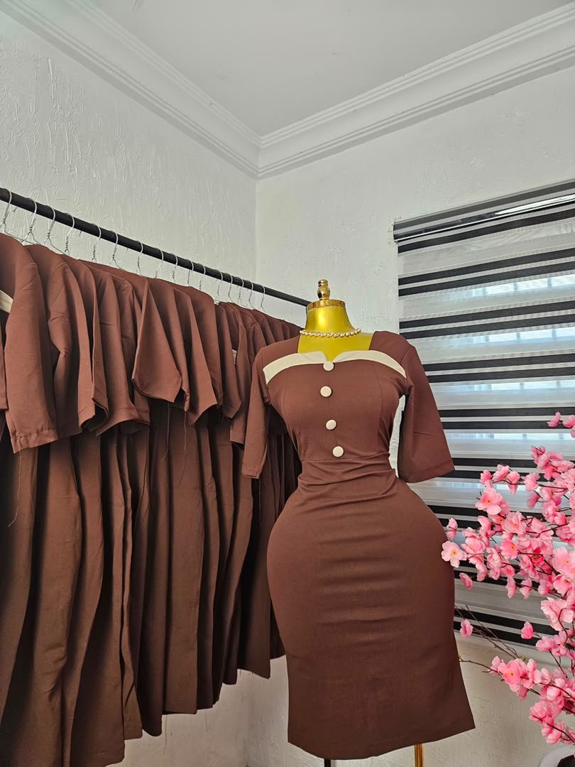 puk b4 womens brown corporate dress with white trim and button fron Women's Brown Corporate Dress with White Trim and Button Front — Pels Unisex Kloset