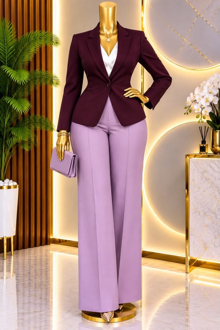 Women's Burgundy Blazer and Lilac Wide Leg Trouser Suit — Pels Unisex Kloset
