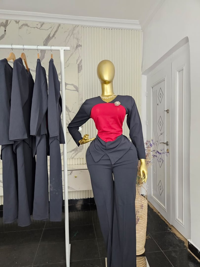 puk b4 womens charcoal trouser suit with red panel top Women's Charcoal Trouser Suit with Red Panel Top — Pels Unisex Kloset