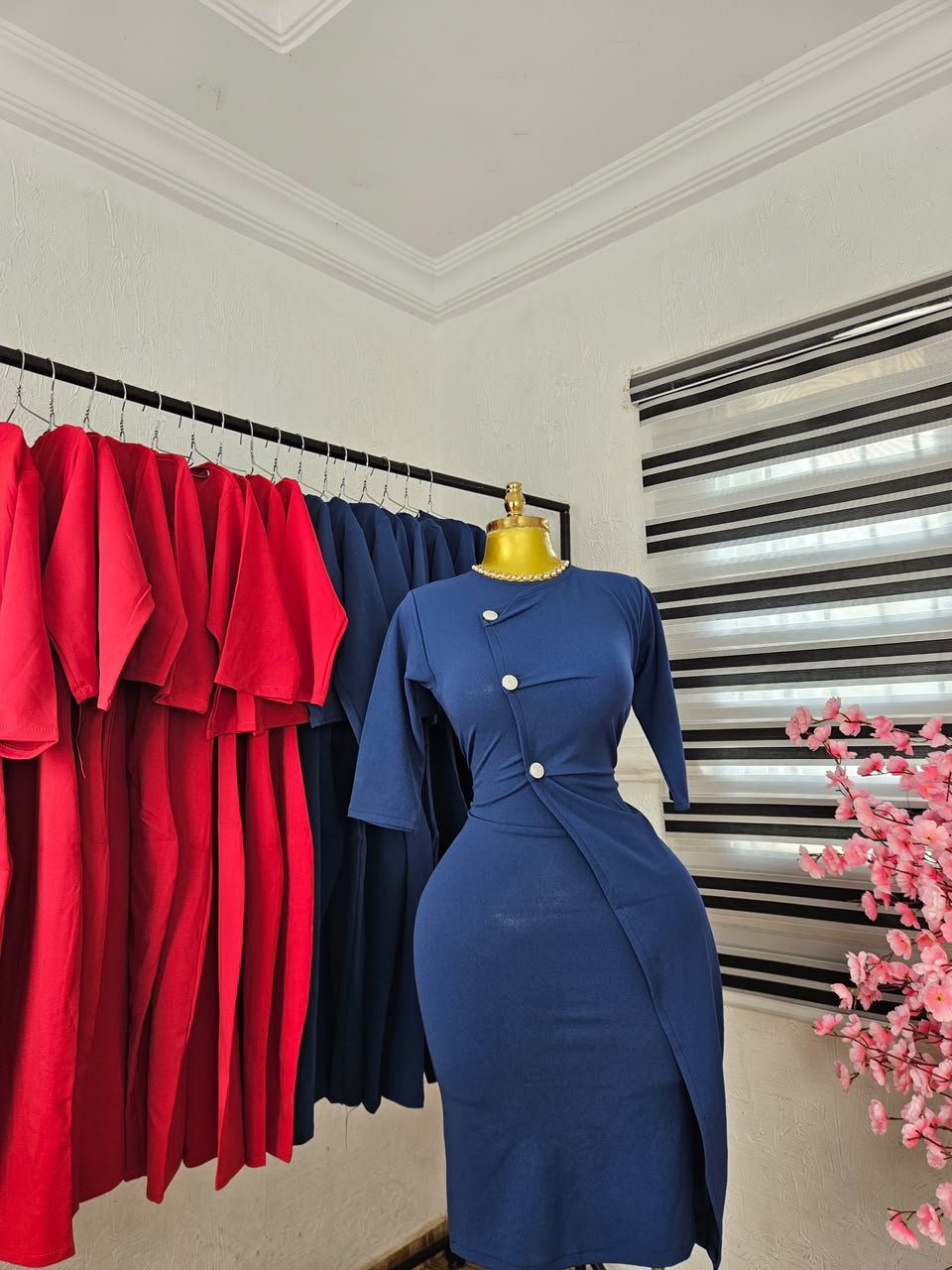 puk b4 womens corporate dress with asymmetric buttons and wrap skir steel blue Women's Corporate Dress with Asymmetric Buttons and Wrap Skirt in Steel Blue — Pels Unisex Kloset