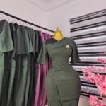 Women's Corporate Dress with Pearl Studs and Fold Collar in Olive Green — Pels Unisex Kloset