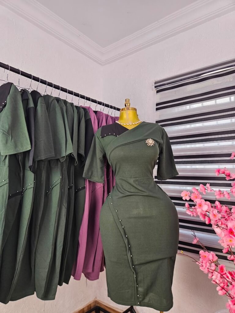 Women's Corporate Dress with Pearl Studs and Fold Collar in Olive Green — Pels Unisex Kloset